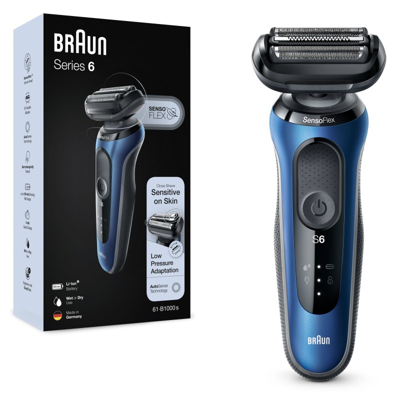 Braun Series 6 61-B1000s Rasoio Elettrico Uomo, SensoFlex, Wet&Dry, Ricaricabile, Rasoio A Lamina Senza Fili, Blu