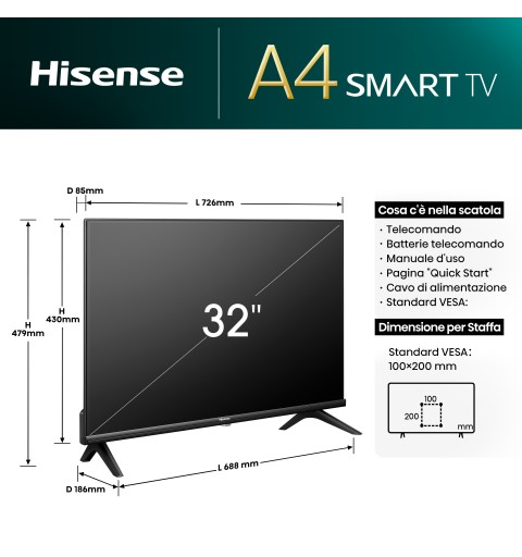 Hisense 32A4N Fernseher 81,3 cm (32") HD Smart-TV WLAN Schwarz 200 cd m²