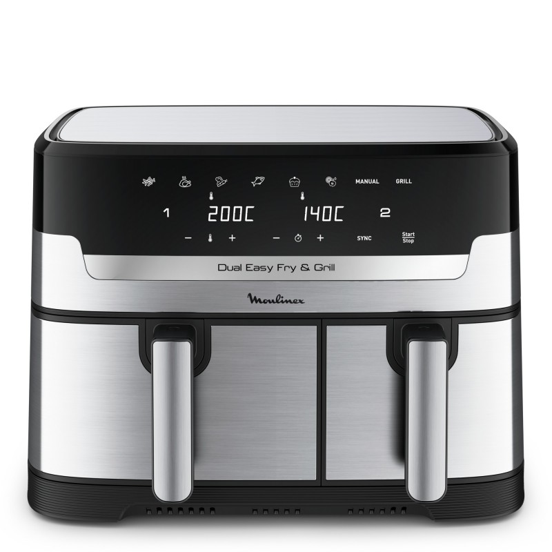 Moulinex Dual Easy Fry EZ905D20 friggitrice Doppia 8,3 L Indipendente 2450 W Friggitrice ad aria calda Nero, Acciaio inox