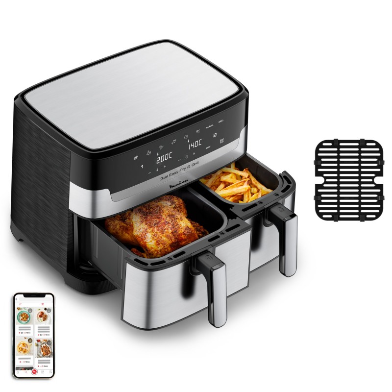 Moulinex Dual Easy Fry EZ905D20 freidora Doble 8,3 L Independiente 2450 W Freidora de aire caliente Negro, Acero inoxidable