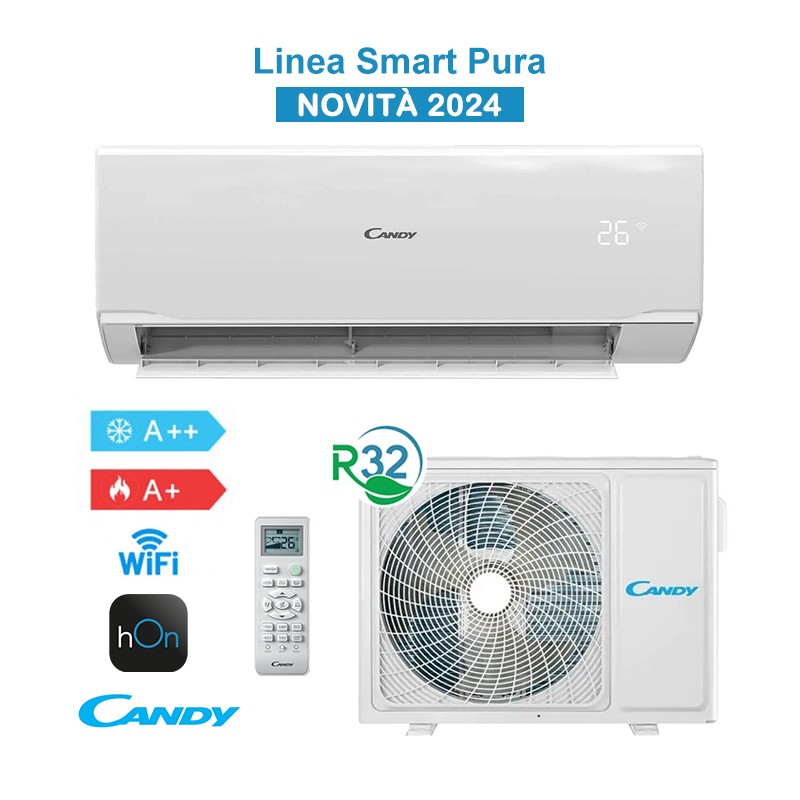 Candy Pura Kit CY09RA Climatiseur 9000BTU 2,5KW WiFi A++/A+ Inverter R32 19dBA Blanc, Nouveauté 2024